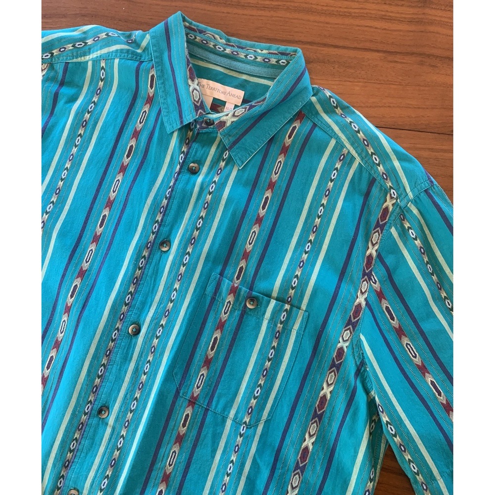 Vintage Territory Ahead Aztec Shirt Men XL Tall Southwestern Stripe Western Teal